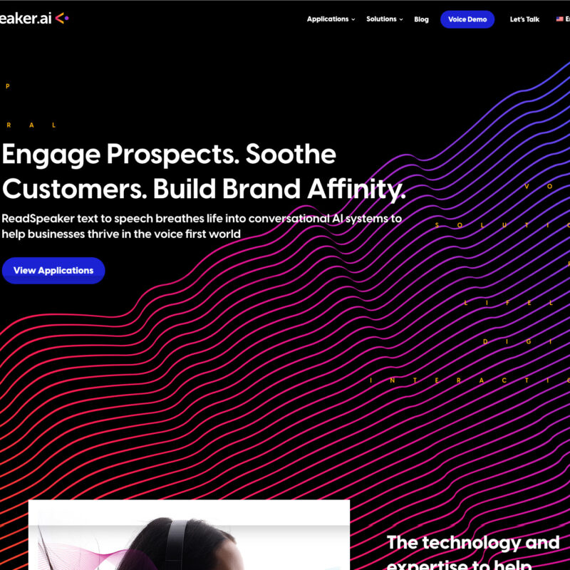 ReadSpeaker.ai homepage hero section with tagline ‘Engage Prospects. Soothe Customers. Build Brand Affinity.’ and colorful wave background