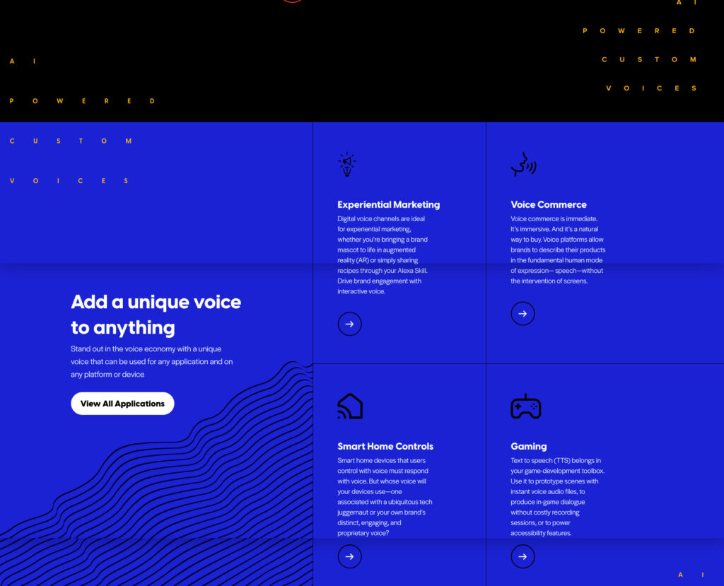 Grid layout showcasing ReadSpeaker.ai use cases: Experiential Marketing, Voice Commerce, Smart Home Controls, and Gaming