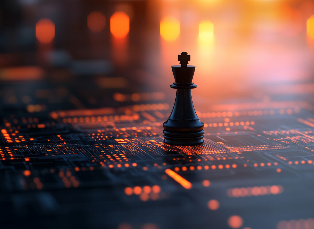 AI-enhanced black chess king standing on a glowing digital circuit board