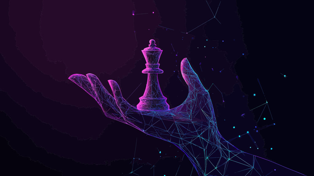 Digital wireframe hand holding a glowing chess king representing marketing strategy and AI integration