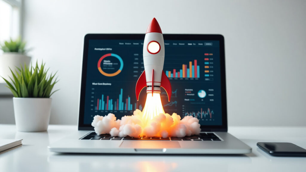 Rocket launching from laptop with data dashboards in background, symbolizing small business growth and marketing launch