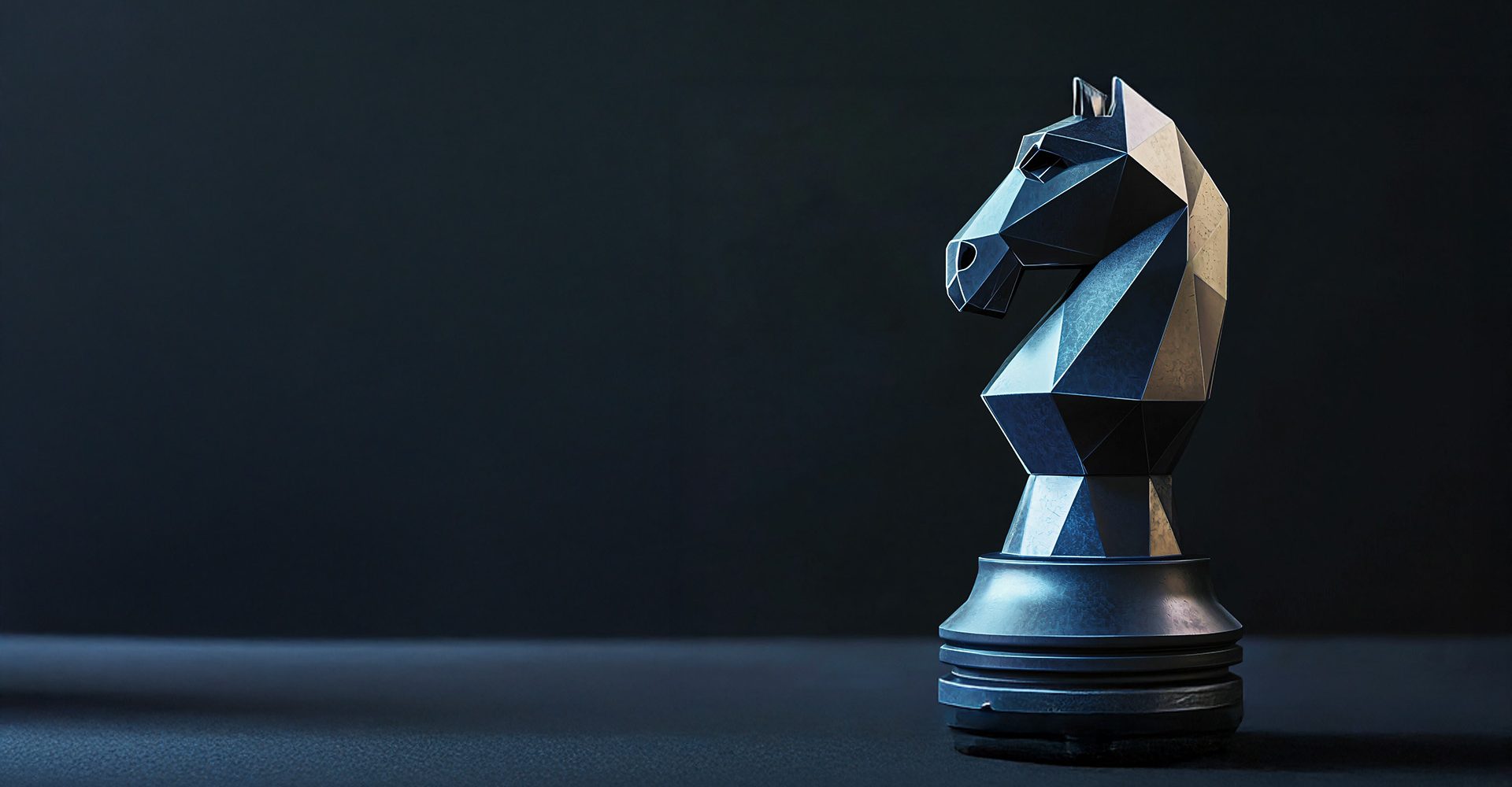 Geometric black knight chess piece on dark background, symbolizing strategic marketing
